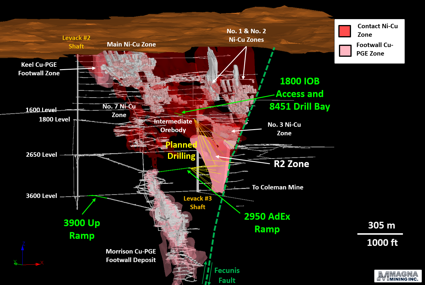 Figure 4: Levack 3D Oblique View Showing Advanced Exploration Development and Diamond Drilling Platforms