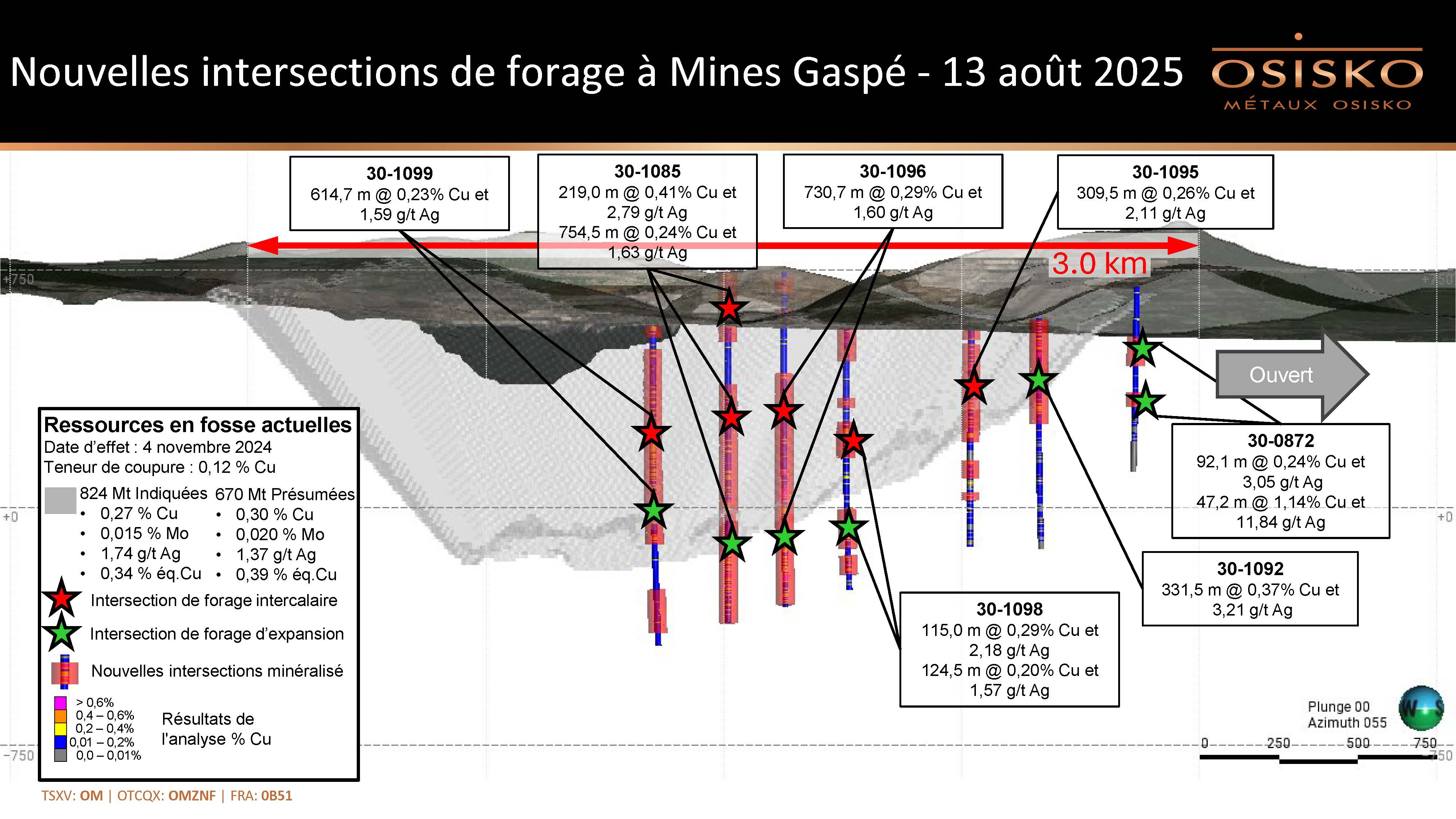 Métaux Osisko: Nouvelles intersections de forage à Mines Gaspé - 13 août 2025 (section longitudinale)