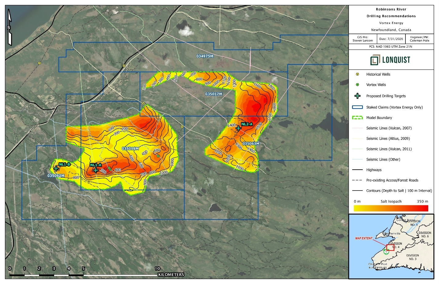 Conceptual exploration target locations identified in the study, including NL1-A, NL1-B and NL2-A, shown in relation to modelled gross salt-interval thickness, modelled depth-to-top-of-salt contours, existing drill holes, seismic coverage, mapped roads and Vortex claim boundaries. The locations are approximate planning concepts and do not represent approved drill sites. NL2-A is located within the untested eastern exploration target.