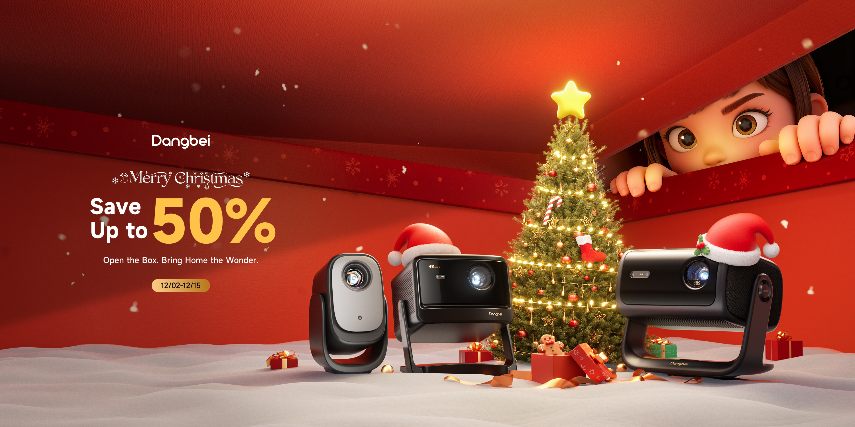 Dangbei Christmas banner with three projectors and a tree, promoting up to 50% off on Amazon.ca.