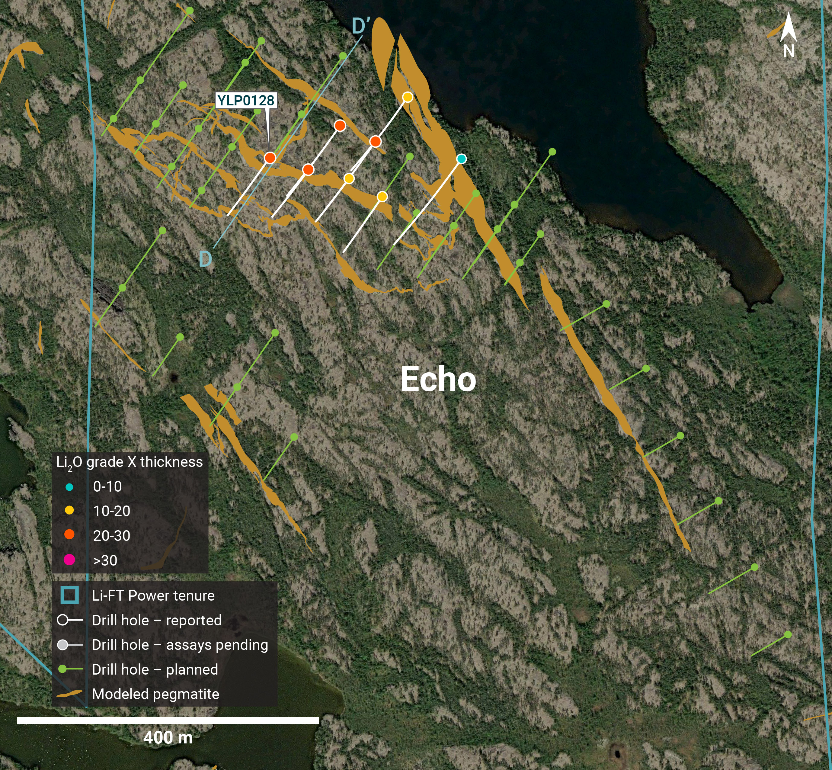 Plan view showing the surface expression of the Echo pegmatite with diamond drill holes reported in this press release.