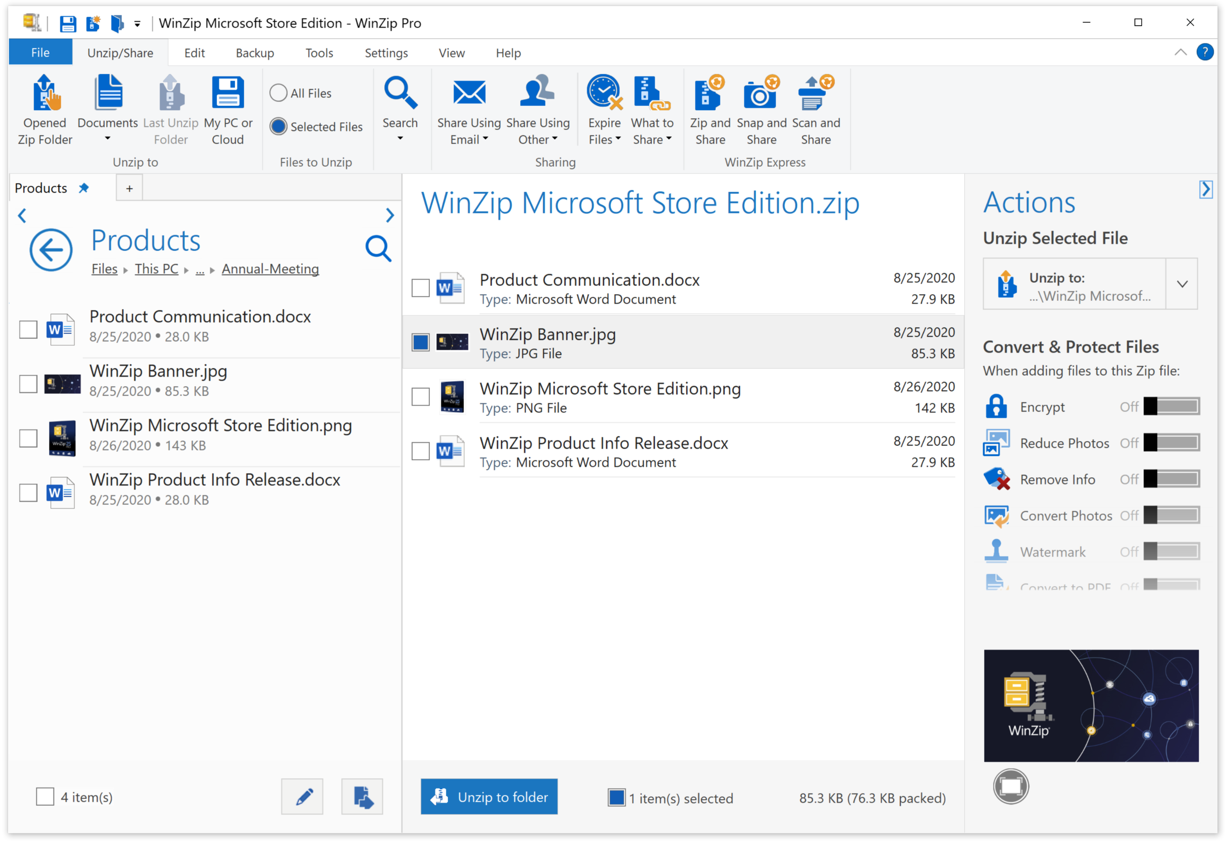 WinZip Microsoft Store Edition - Main UI