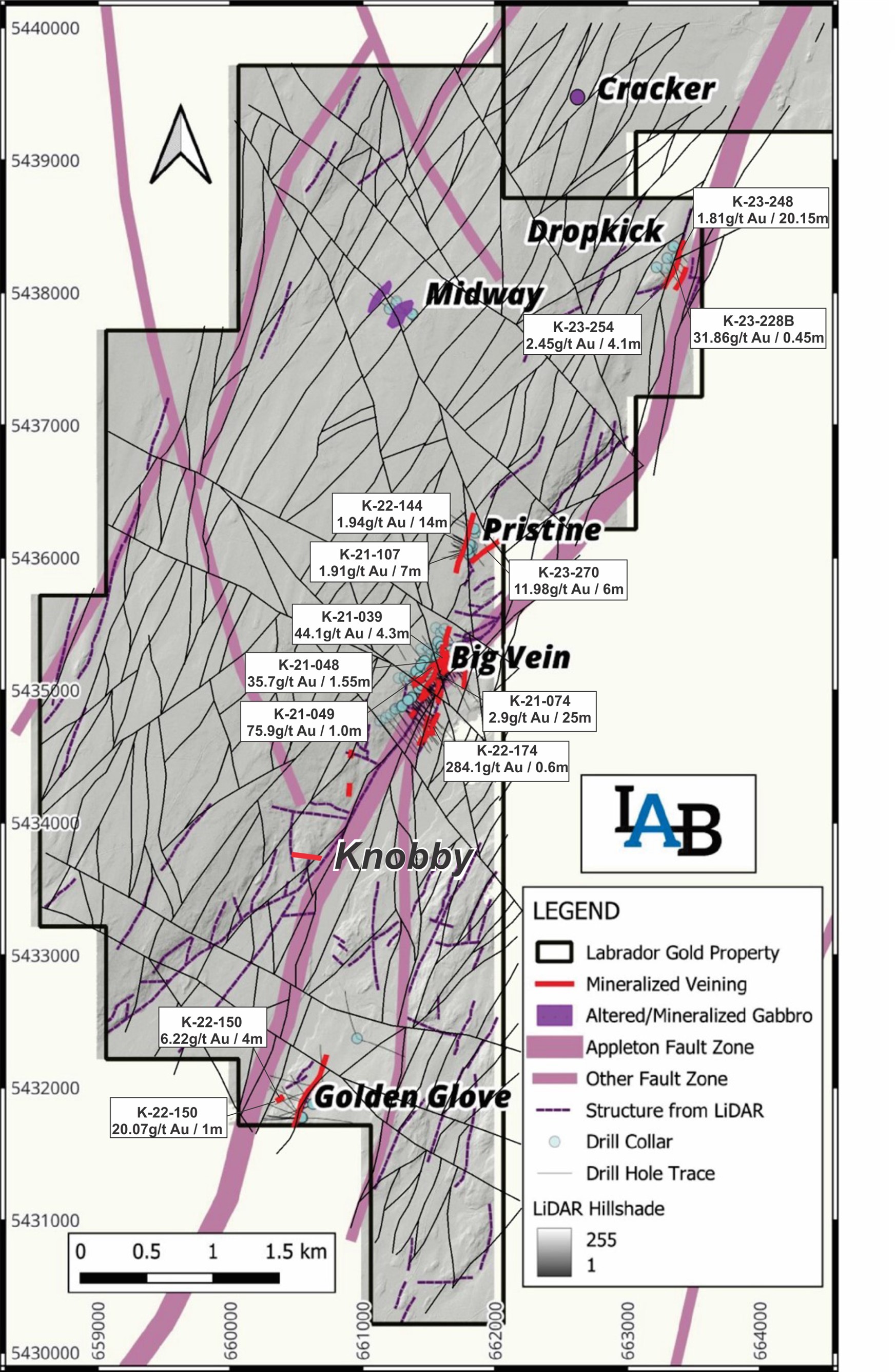 Plan map of occurrences with selected drill intersections along the Appleton Fault Zone.