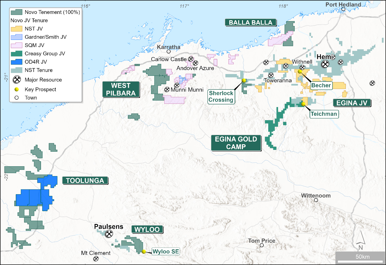 Figure 1: Novo Pilbara and Onslow District tenure showing significant prospects and location of the Wyloo Project in the southern Pilbara. 