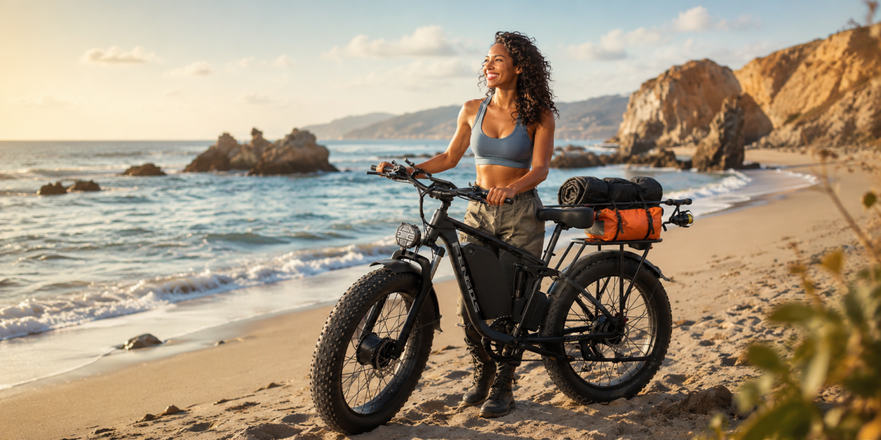 A smiling woman enjoying a scenic coastal ride with her fat-tire e-bike on the beach