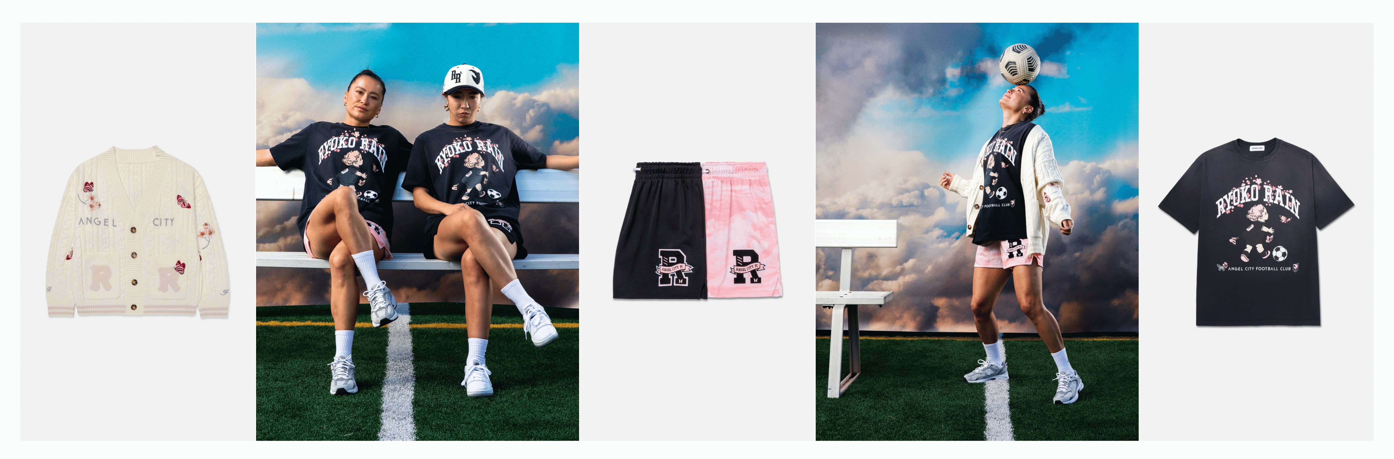 Ryoko Rain partners with Angel City FC on a new apparel collection featuring ACFC Team Captain Ali Riley and Striker Jun Endo. The capsule features mesh shorts, t-shirt, cardigan sweater, and hat.