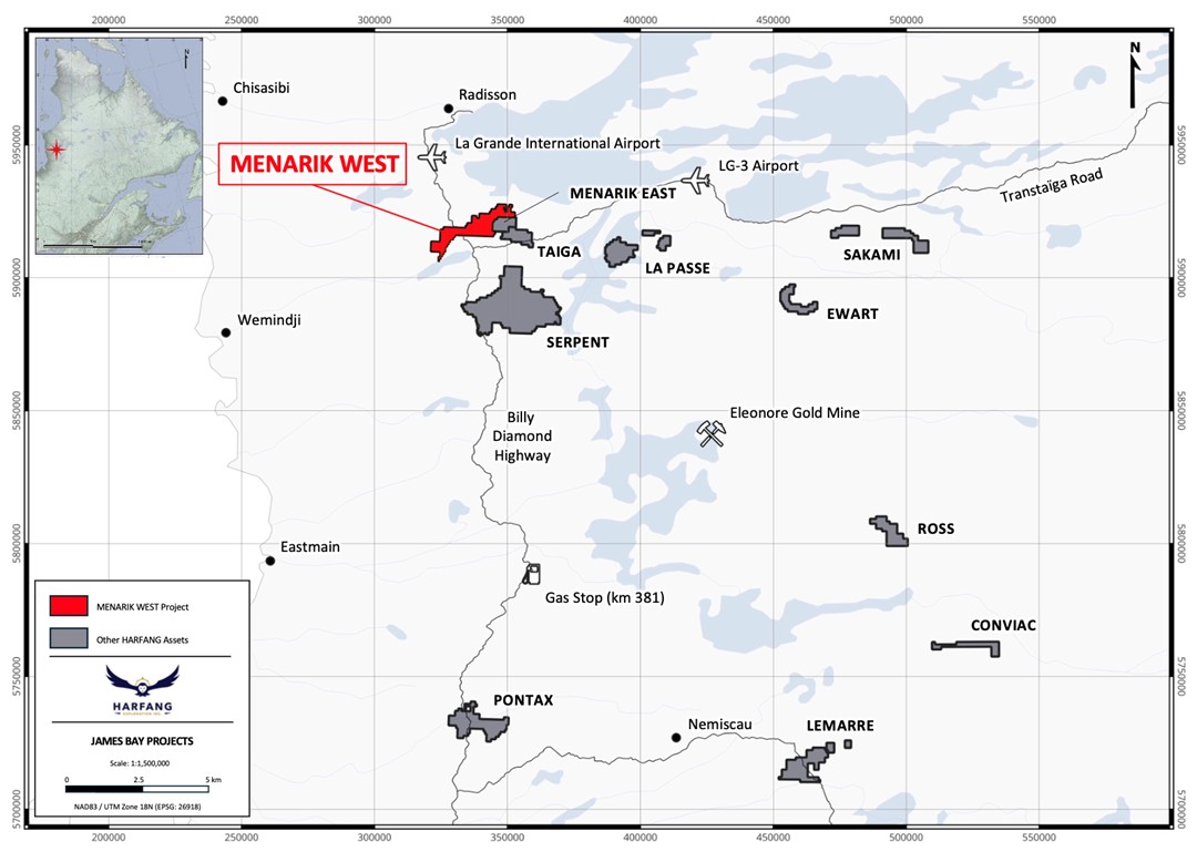 Location map of Harfang’s projects in Eeyou Istchee James Bay, Québec, highlighting Menarik West.