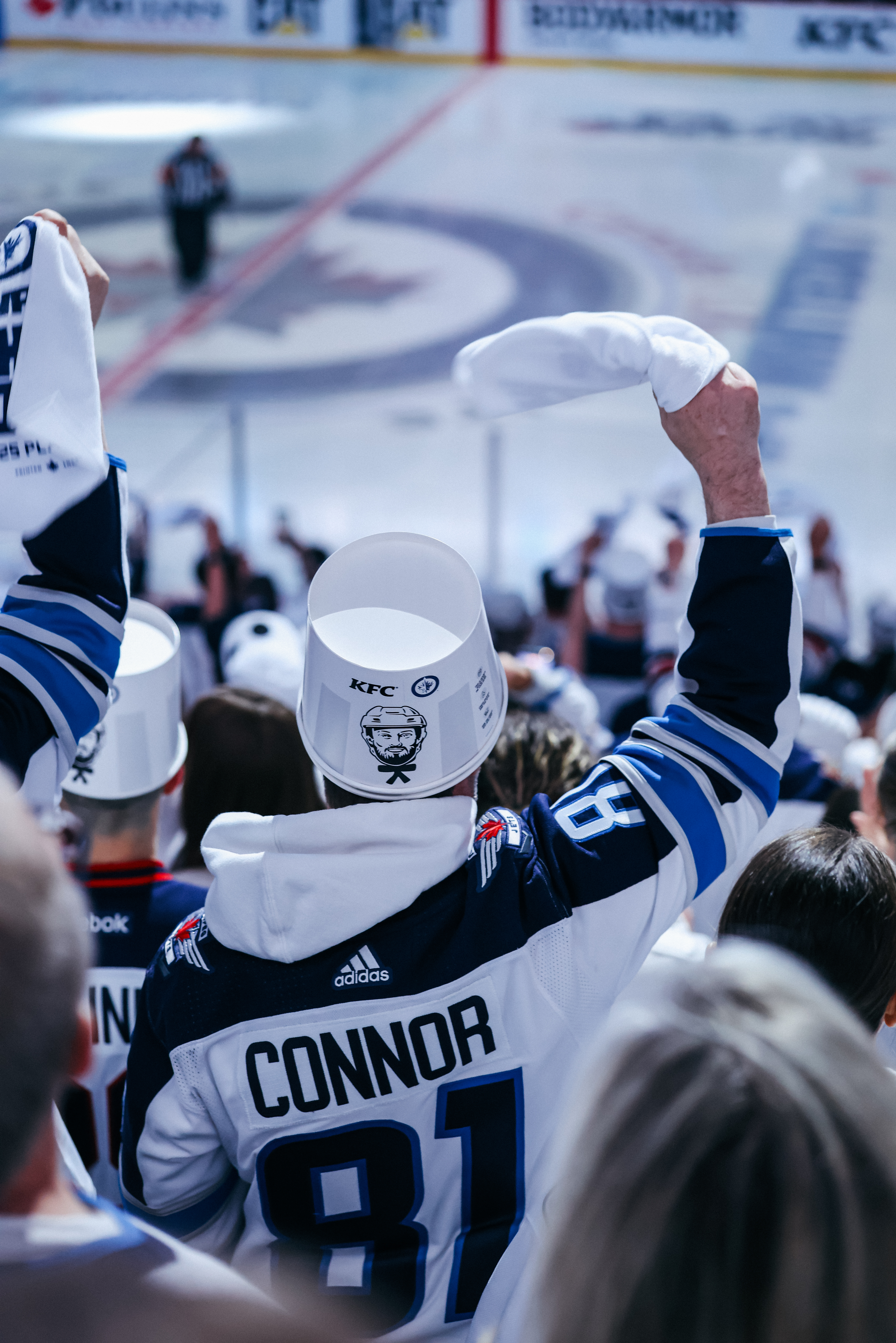 Buckets up for Kyle 'F' Connor! KFC brings limited-edition KFConnor Whiteout Bucket hats for fans to cheer on the Jets at Game 2 vs Dallas Stars.