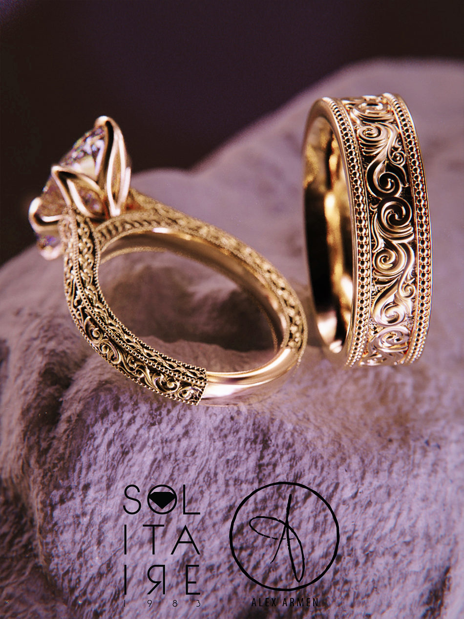 Solitaire x Alex Armen Tulip Floral Engagement Ring Men's Wedding Band