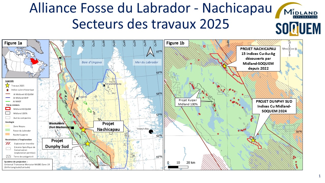 Midland en partenariat avec SOQUEM débute son programme d’exploration 2025 dans un secteur stratégique de la Fosse du Labrador, Québec
