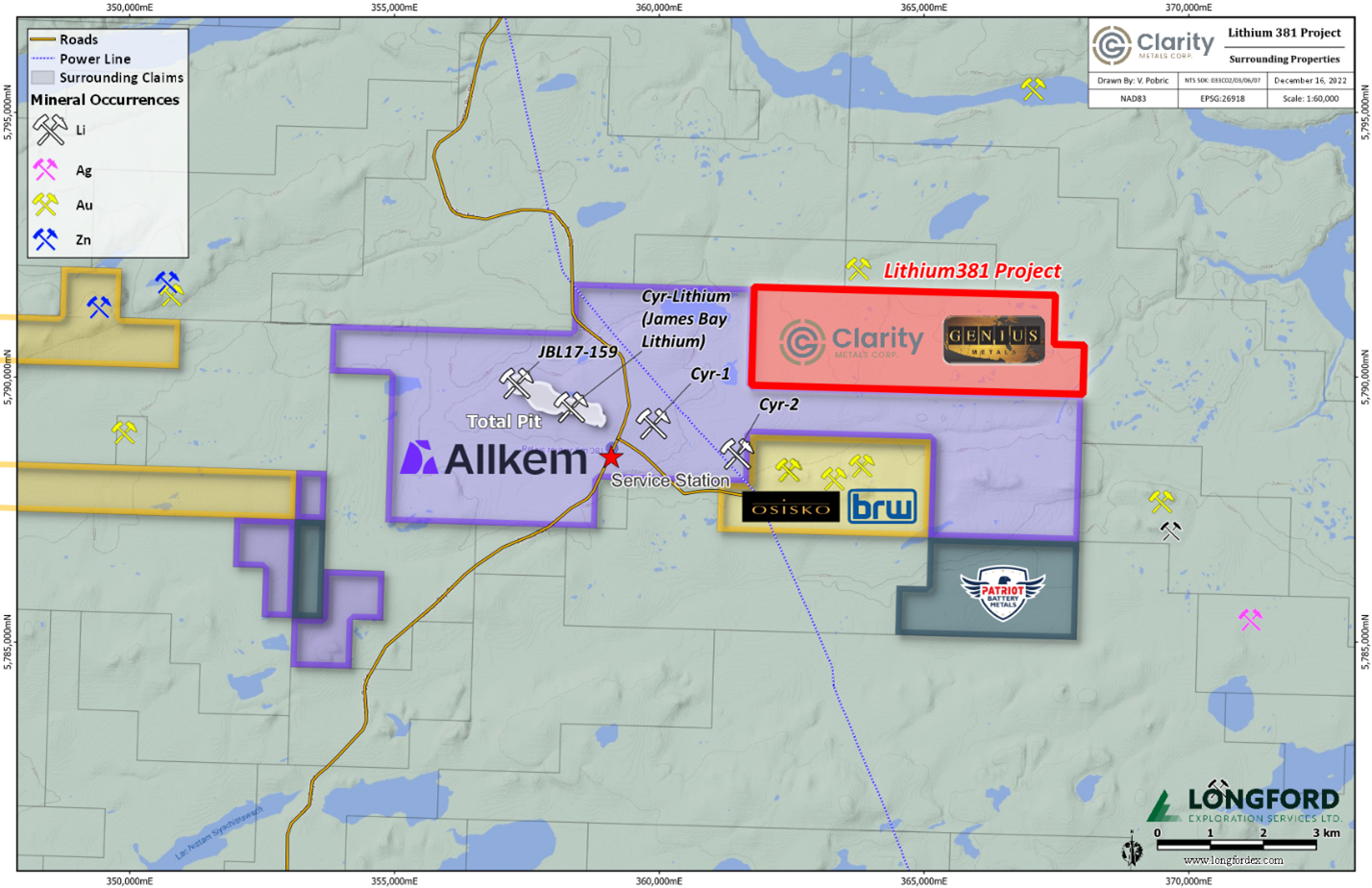 Location of Lithium381 Project showing nearby properties and total pit outline on Allkems James Bay Lithium Project from the Allkem Feasibility Study.