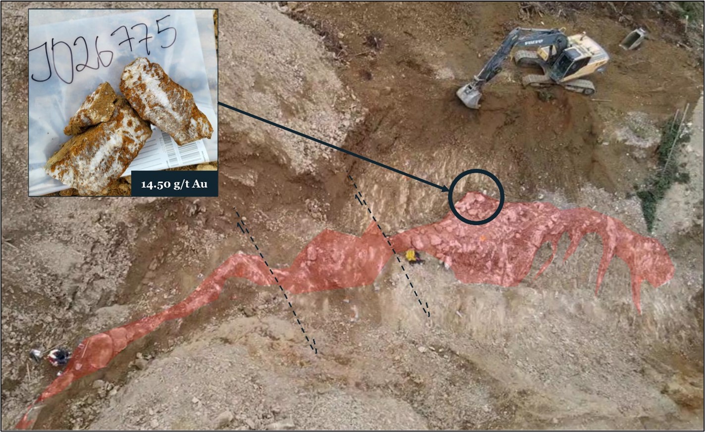 Stripped quartz vein at the TGZ showing location of sample J026775