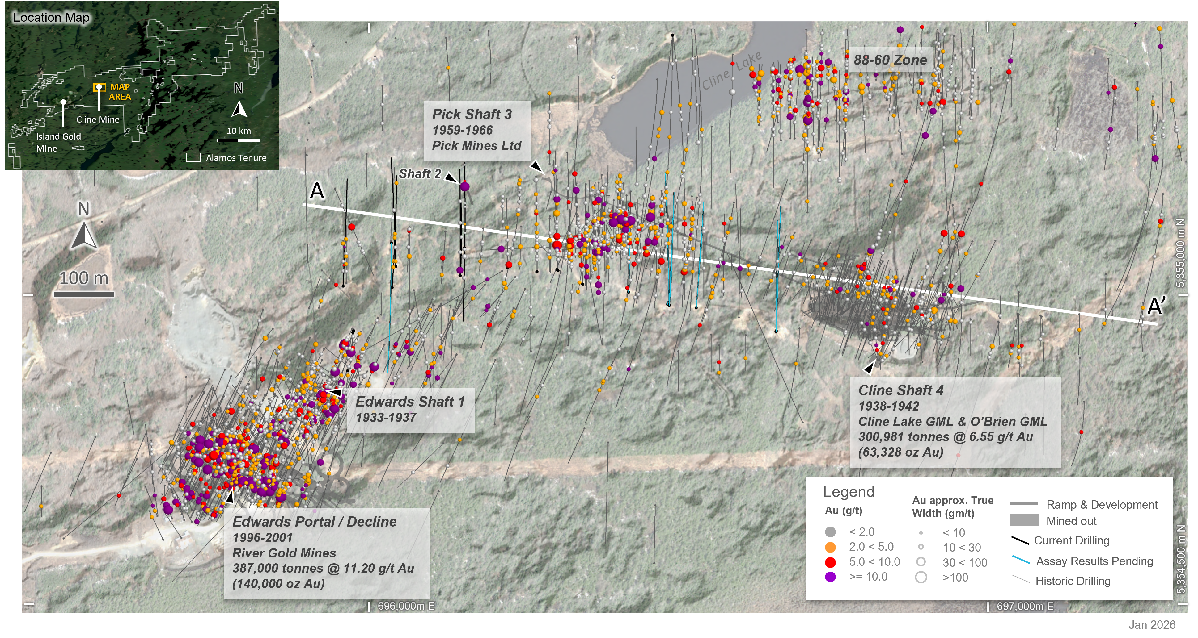 Figure 5: Cline-Pick Mines Plan Map with Current and Historic Drilling image