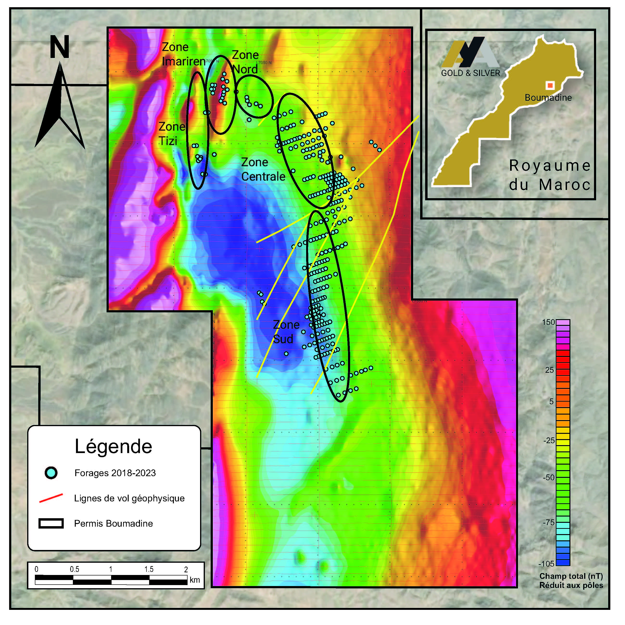 Localisation des zones incluses dans l’estimation des ressources minérales de Boumadine, montrant aussi les sondages et les données magnétiques (champ total résiduel)