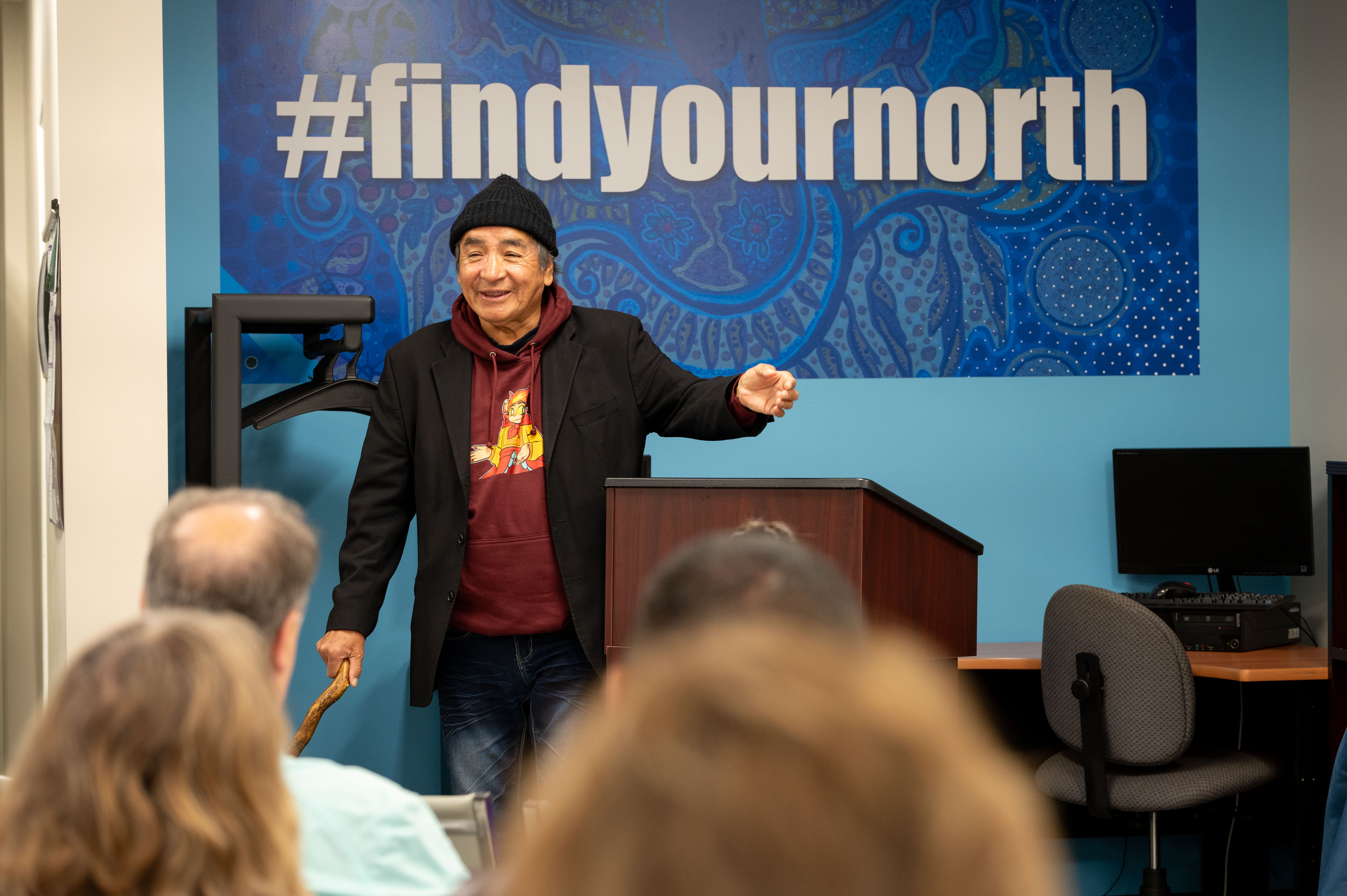 Tomson Highway engages with the public during the naming ceremony of the newly established Cultural Centre.