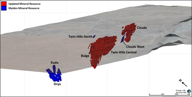 Oblique view looking northeast showing mineralization domains