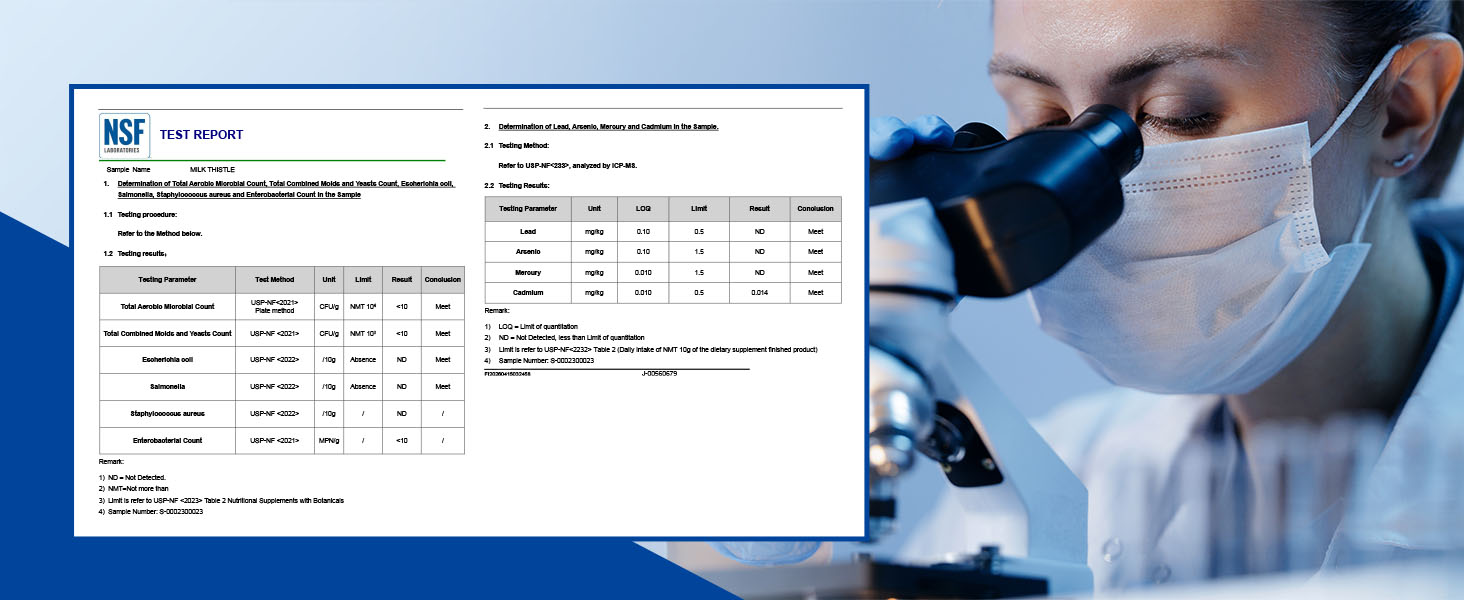 NSF Laboratories third-party test report for LincNutri Milk Thistle showing microbial and heavy metal purity results.