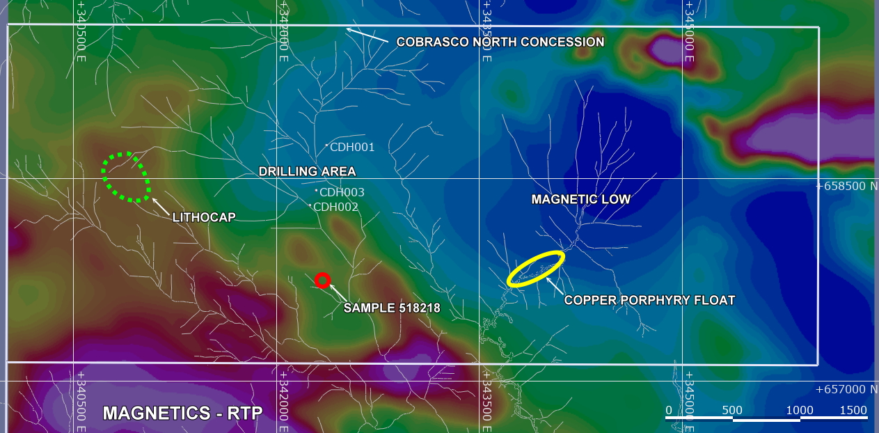 RTP Magnetic image showing location of Sample 518218: 1.45% Cu (red circle), the lithocap west of the drill area (green circle) and prominent magnetic low to the north of the area of mineralised copper porphyry float (yellow ellipse).