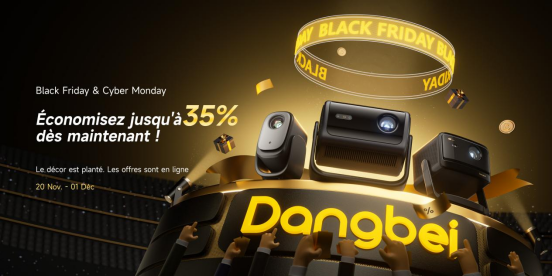 Dangbei promotional banner showing up to 35% off projectors for Black Friday and Cyber Monday, November 20 to December 1.