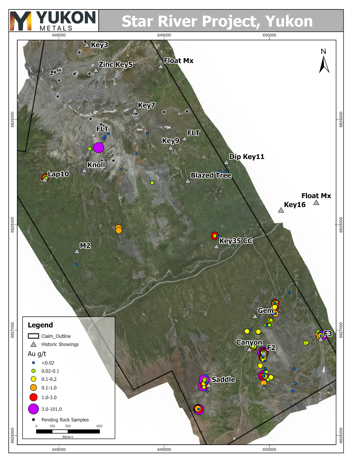 Locations of 2024 rock samples received to date with Au g/t values.