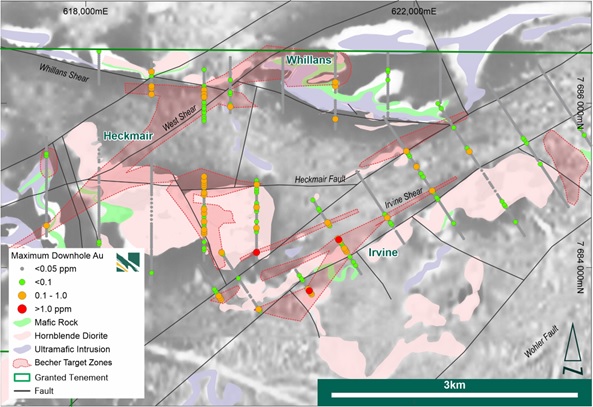 Figure 4: Recent geological Interpretation highlighting major structures, 2022 AC drilling with gold values for bottom of hole samples