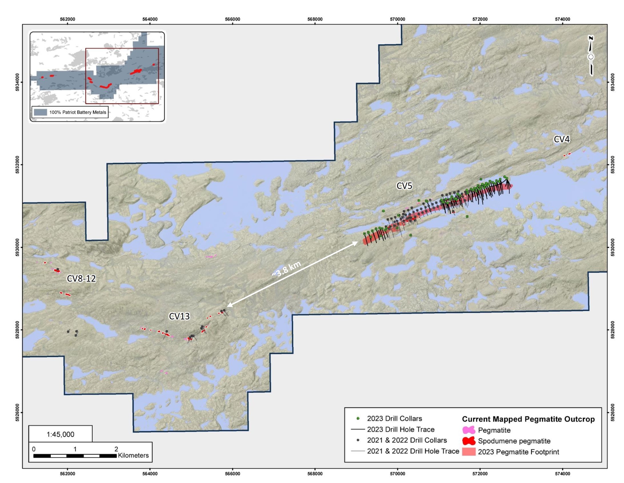 Location of the CV13 Pegmatite cluster relative to the CV5 Pegmatite cluster.