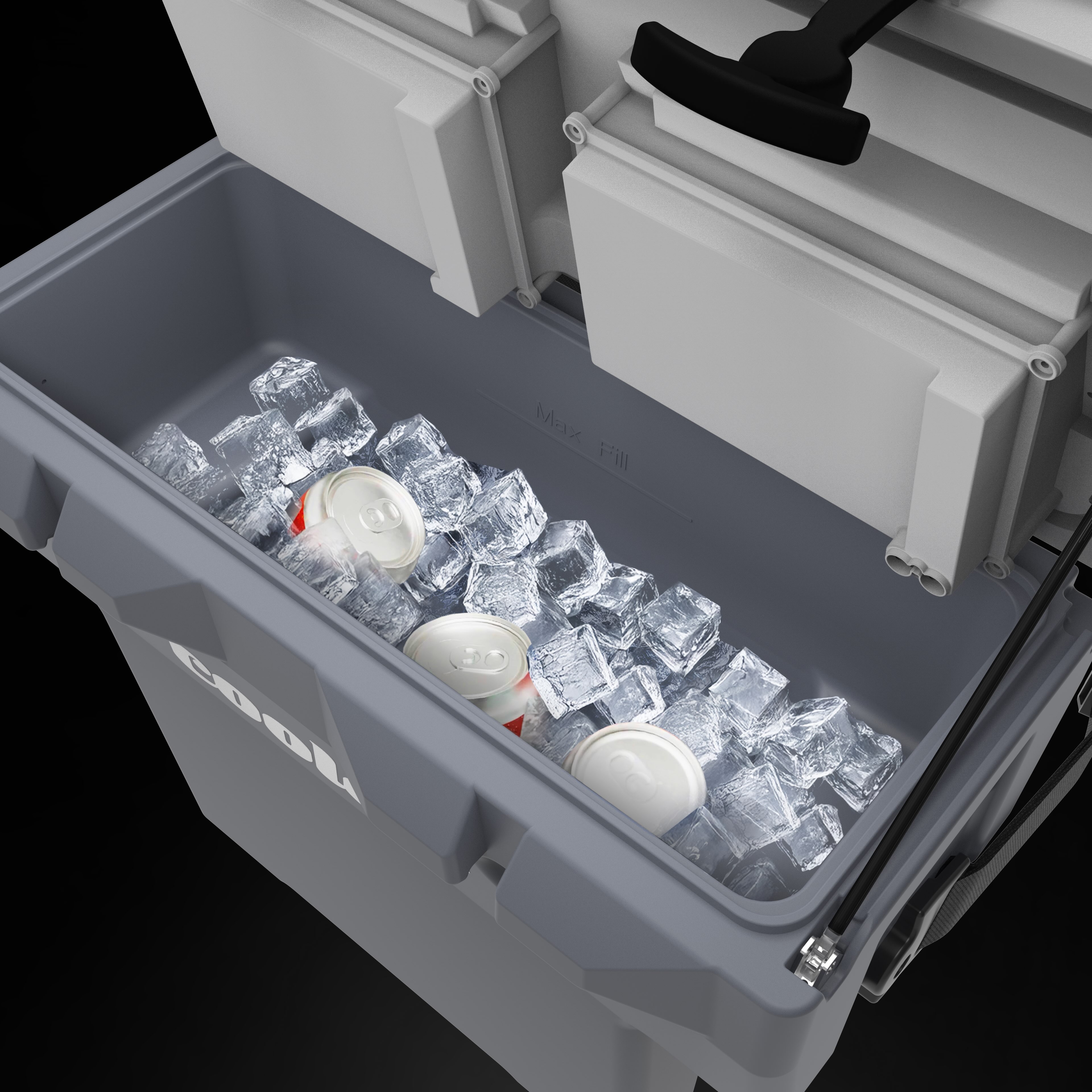 Open view of the Cool Boss by BendPak Coolee Tour LX showing the interior 25-quart ice chest.