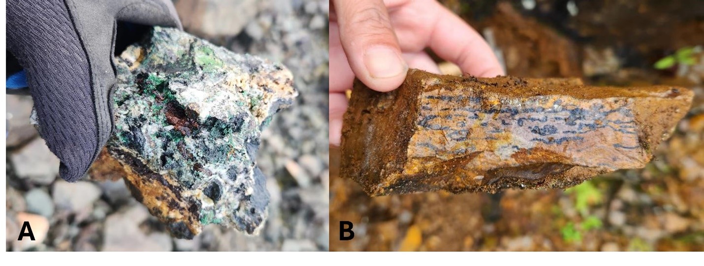 Two mineralization styles observed at Core Mountain. A: Epithermal veins with abundant Cu mineralization. B: Disseminations and replacement of magnetite and chalcopyrite in banded rhyolite.