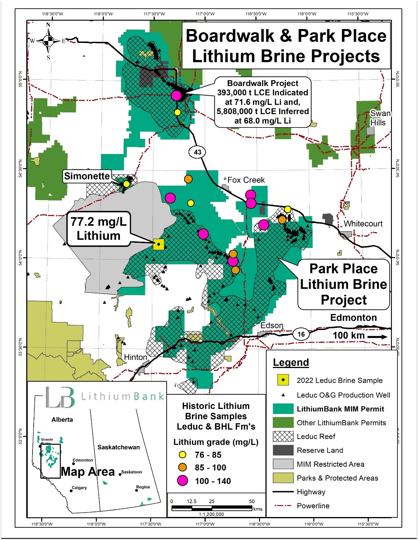 Park Place and Boardwalk lithium brine projects showing most recent Leduc recent Leduc brine sample lithium results along with historical lithium assays from the Leduc and Beaverhill Lake (BHL) Formations.