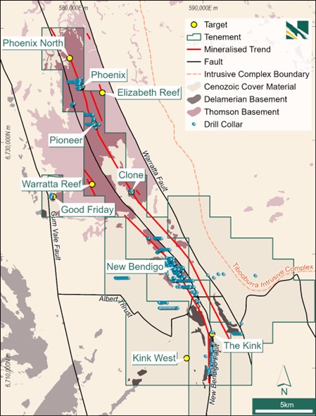 Tibooburra project tenure, with geology, drill collars, main prospects, highlighting multiple parallel mineralised trends.