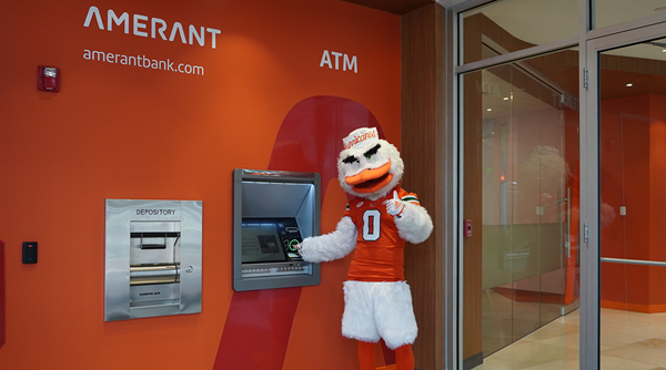 University of Miami mascot "Sebastian" at Amerant banking center