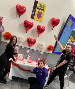 Planet Fitness Woodlyn, a National Fitness Partners Planet Fitness club, is decorated for the annual American Heart Month fundraiser for the American Heart Association. Pictured left to right is PF Woodlyn's General Manager, Jenna Newcomb, Megan Callahan, Front Desk/Customer Service Representative, and Mike McGurk, Supervisor.