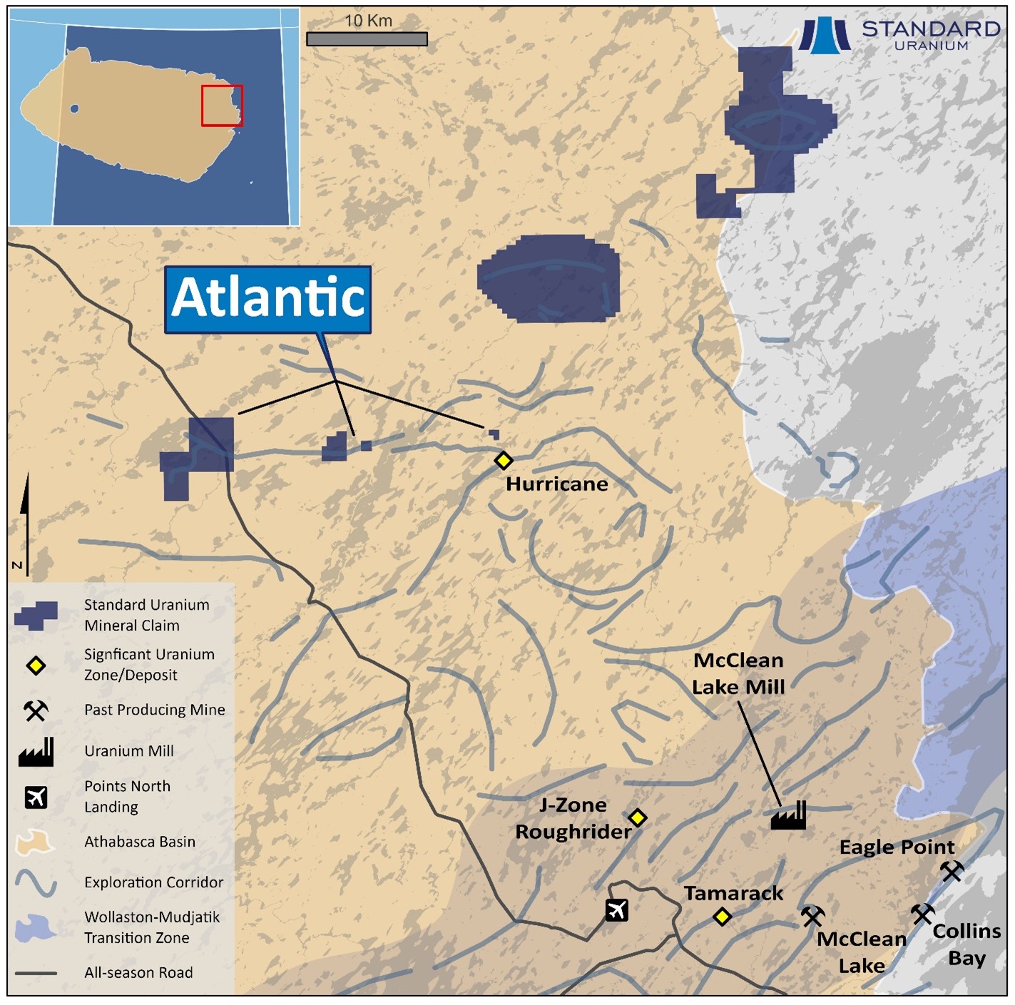 Overview of the eastern Athabasca Basin, highlighting Standard Uranium’s Atlantic project.