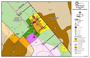 Geology and sampling results of the Witlage target, Nassau gold project.