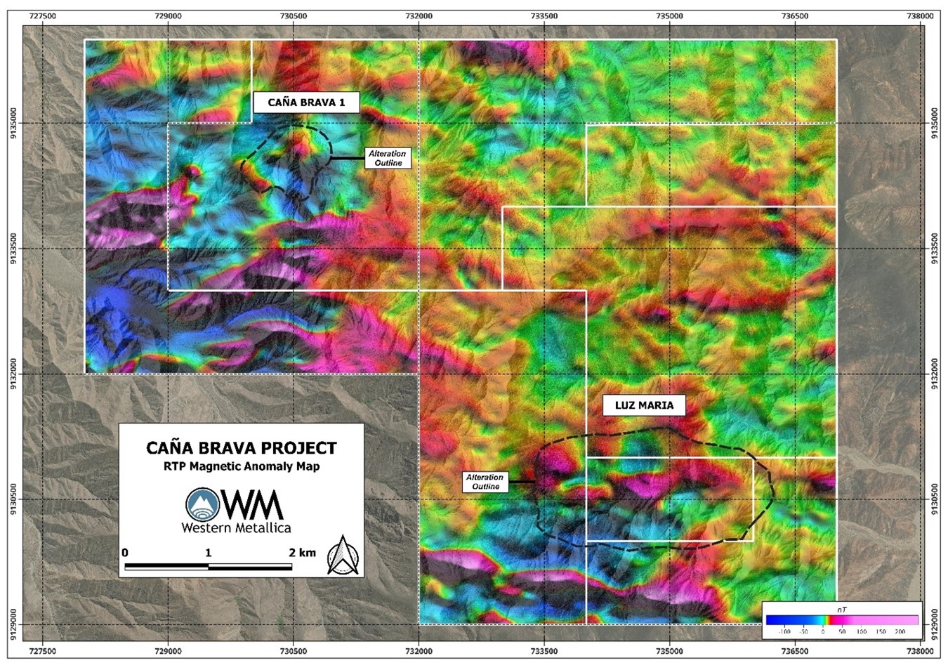 Caña Brava Project: drone-borne RTP magnetic anomaly map showing the alteration footprints over Caña Brava 1 and Luz Maria.