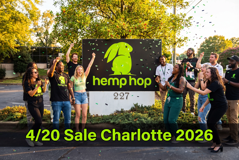 Hemp Hop Charlotte NC team and customers celebrating the 4/20 Sale 2026 with green confetti outside the Hemp Hop dispensary at 227 Old Hebron Rd Charl
