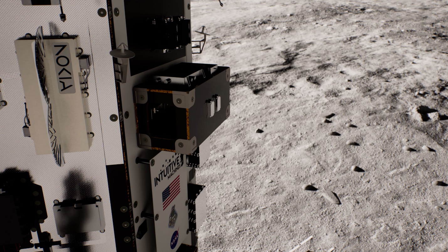 Render of Nokia Lunar Surface Communication System on Intuitive Machines' IM-2 lunar lander