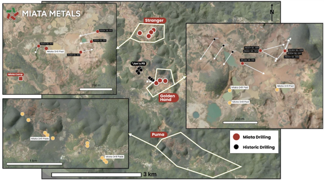 Map showing the drill collars of holes drilled to date and prepared drill pads.