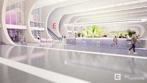 Inside the Virgin Hyperloop portal. Design by Bjarke Ingels Group and animation by SeeThree.