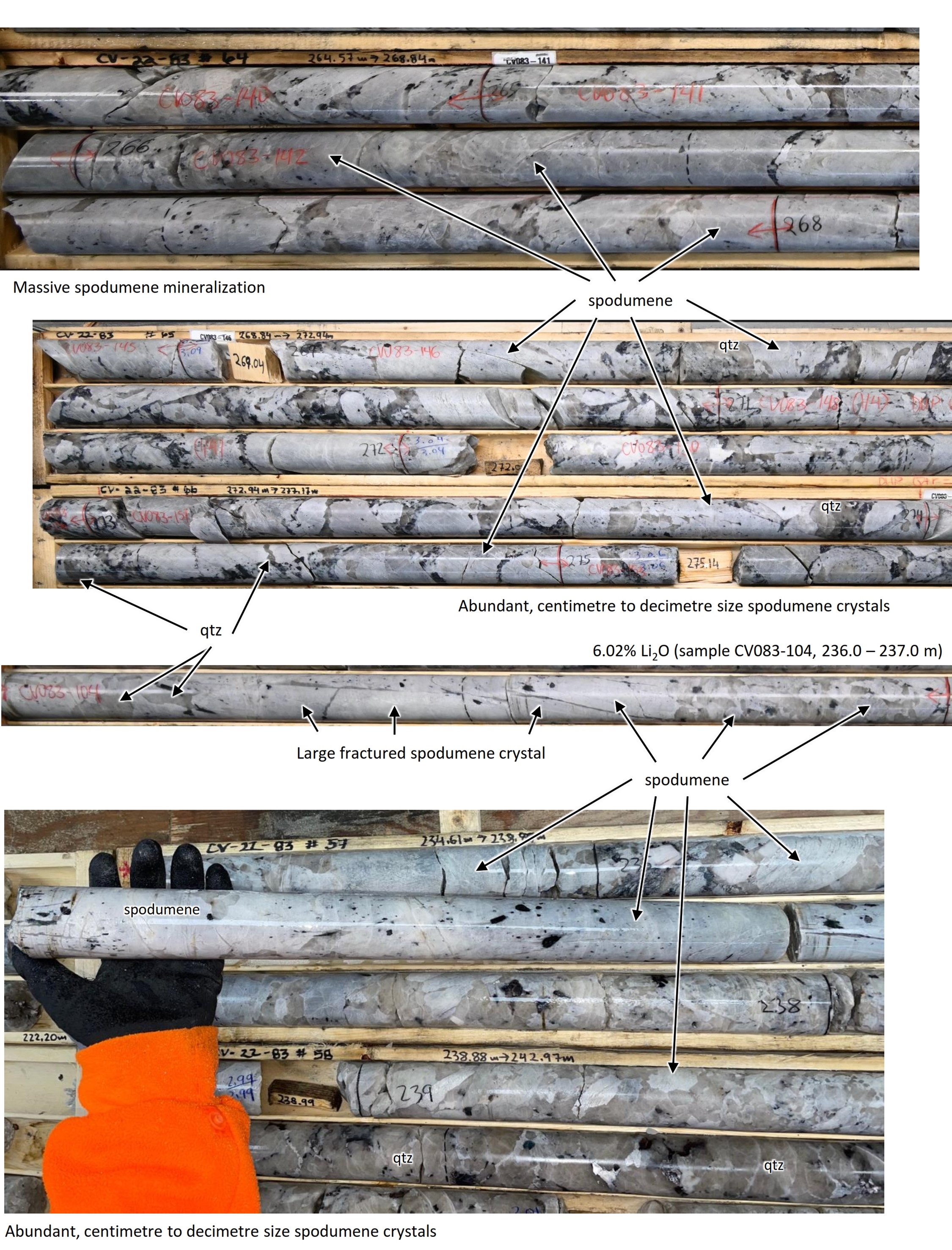 Spodumene mineralization in drill hole CV22-083. Gangue minerals include a mix of mica and tourmaline (black flecks) and quartz (smokey-brown)