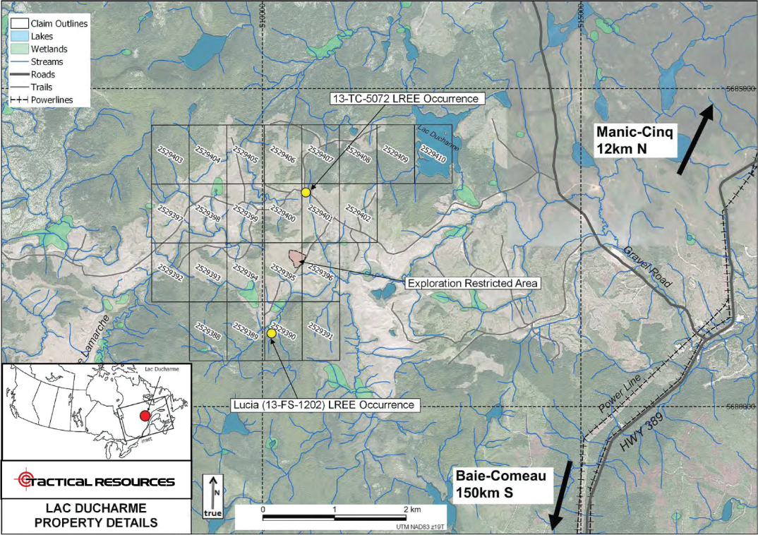 Figure 1 Lac Ducharme Location map - yellow circles indicate two anomalous samples returned during 2013 sampling.