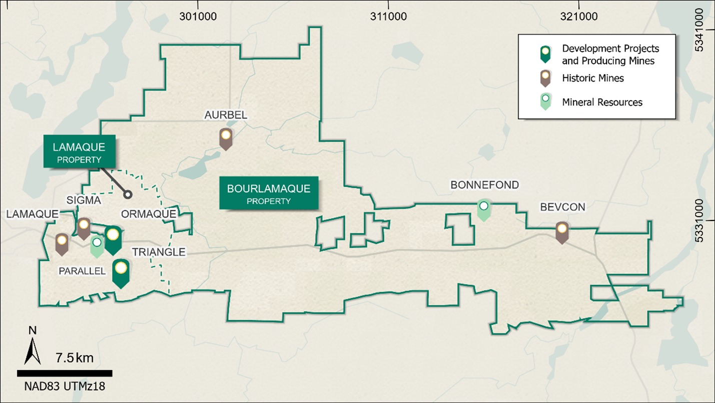 Map showing the Lamaque / Bourlamaque mineral exploration license area and locations of projects and historic mines referred to in this news release.