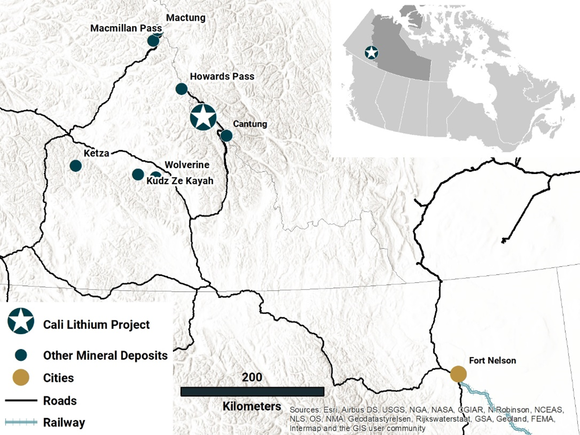 Location of LIFT’s Cali Lithium Project (CLP). The CLP is located in the Mackenzie Mountains along the Northwest Territories-Yukon border. The area is accessible by road and is located ~850 kilometers from rail in Fort Nelson, British Columbia.