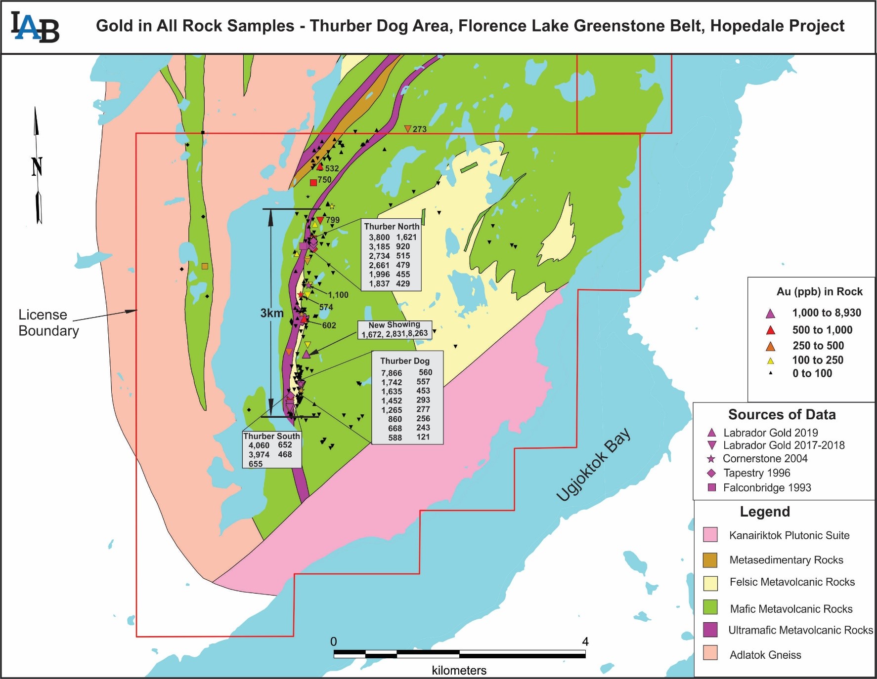 Figure 1: Compilation of all Labrador Gold and historical rock samples in the Thurber Dog area indicating the location of the new showing.