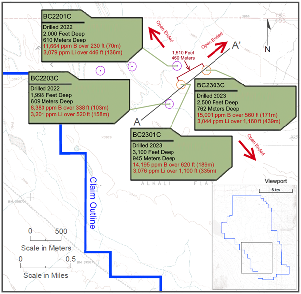 Plan map of drill hole locations and boron intercepts.  Boron intercepts as listed in Table 1 above.  Lithium intercepts from existing press releases 