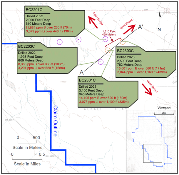 Plan map of drill hole locations and boron intercepts. Boron intercepts as listed in Table 1 above. Lithium intercepts from existing press releases