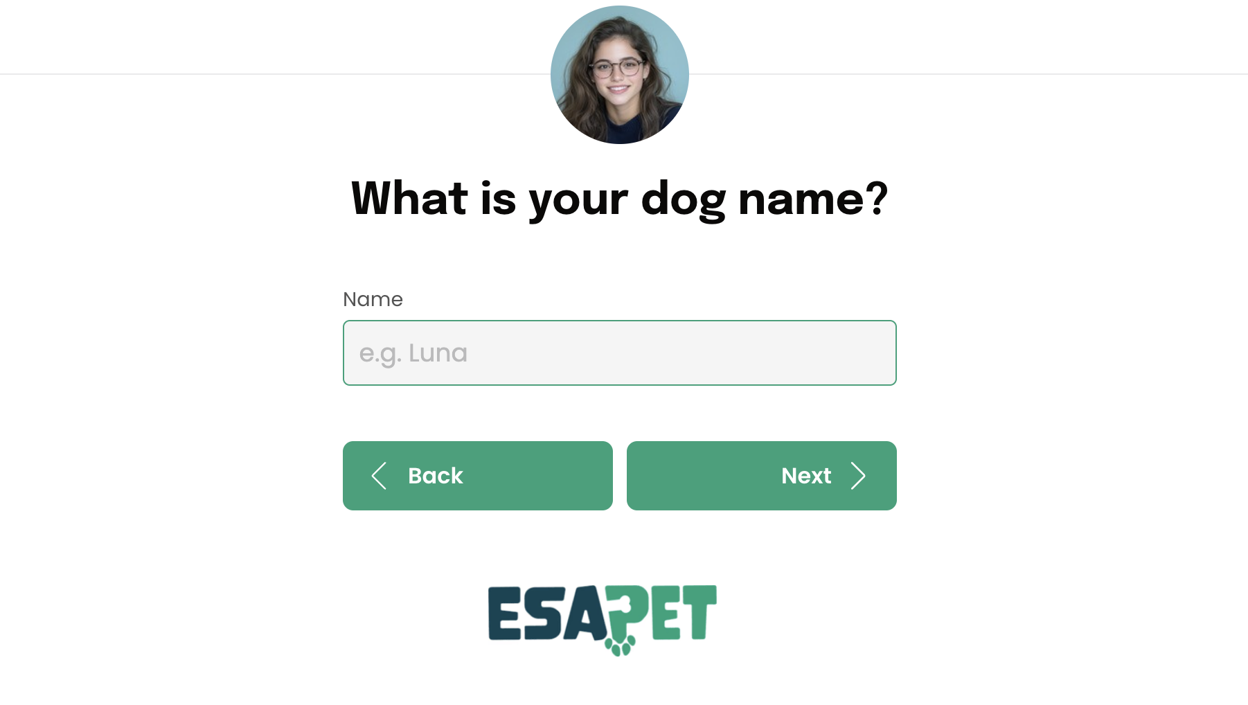 A form asking for the dog's name with the ESA PET logo at the bottom.