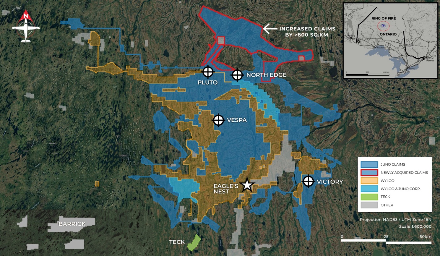 Juno claim holdings and gold discovery locations in the Ring of Fire