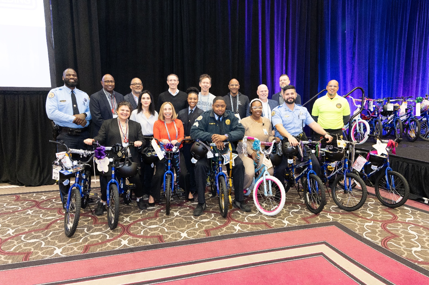 NOPD officers, NORD staff, and SoundThinking’s leadership team show some of the bikes that were built during the company’s all-hands retreat in New Orleans.  The bikes were built in partnership with NOPD, and were handed off to NORD for distribution to children throughout New Orleans.