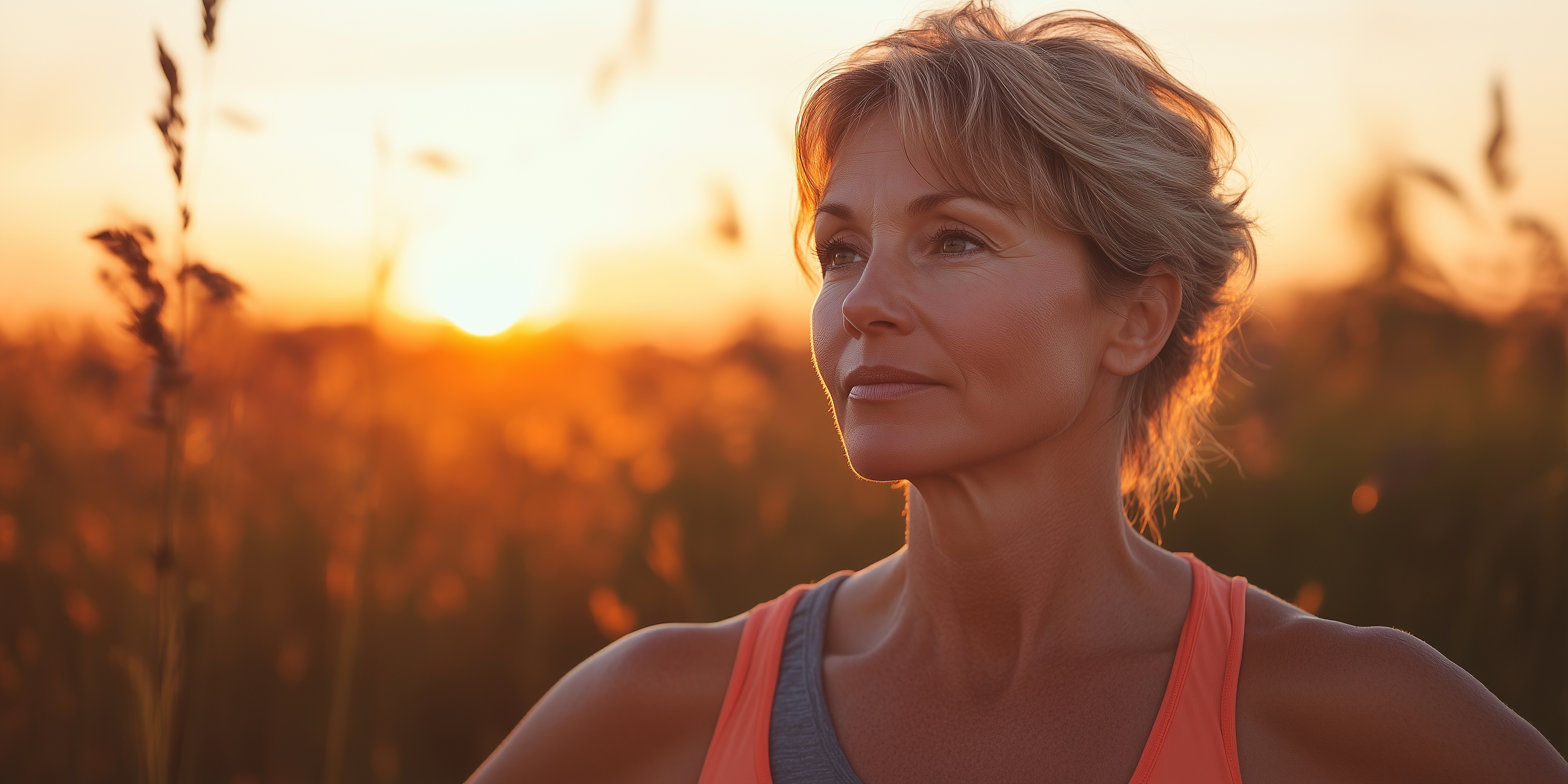 pCentenarian image of a fit middle-aged woman looking focused with good mental and physical health.